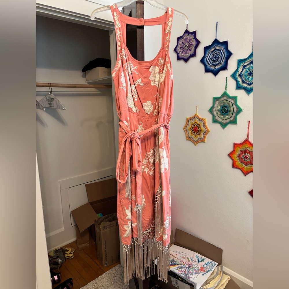 Anthropologie Coral Ivory Embroidered Fringe Dress